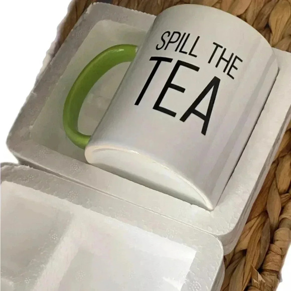 SPILL THE TEA Ceramic White Coffee Mug 11oz Green Interior - Picture 3 of 3